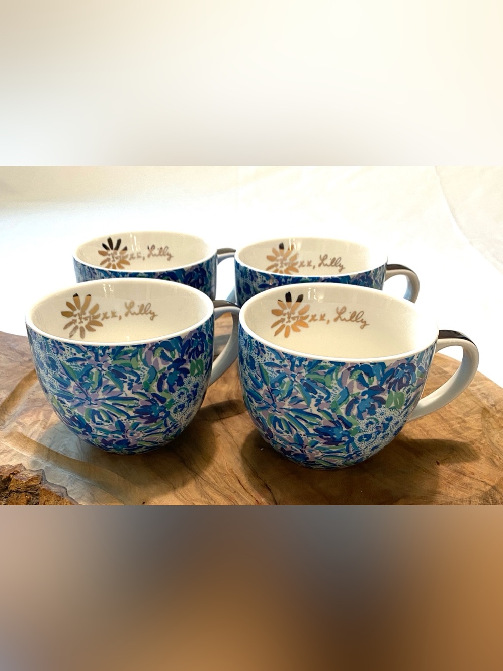 Lilly Pulitzer Set of 4 High Maintenance Ceramic Mugs Gold Lion 12 oz Blue Green